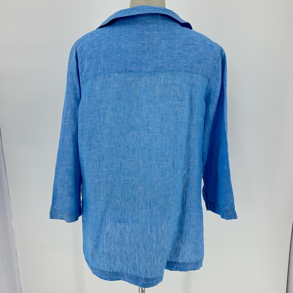 Tahari Top Blue Linen Collared V-neck 3/4 Sleeve Coastal Beachy Lightweight Sz L - Picture 4 of 12